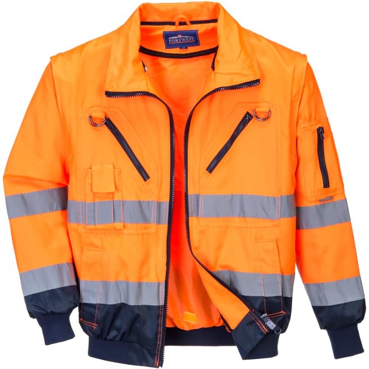 Portwest PJ50 HI-Vis 3-in-1 Pilot Jacket with Detachable Fur Lining and Collar with Detachable Sleeves